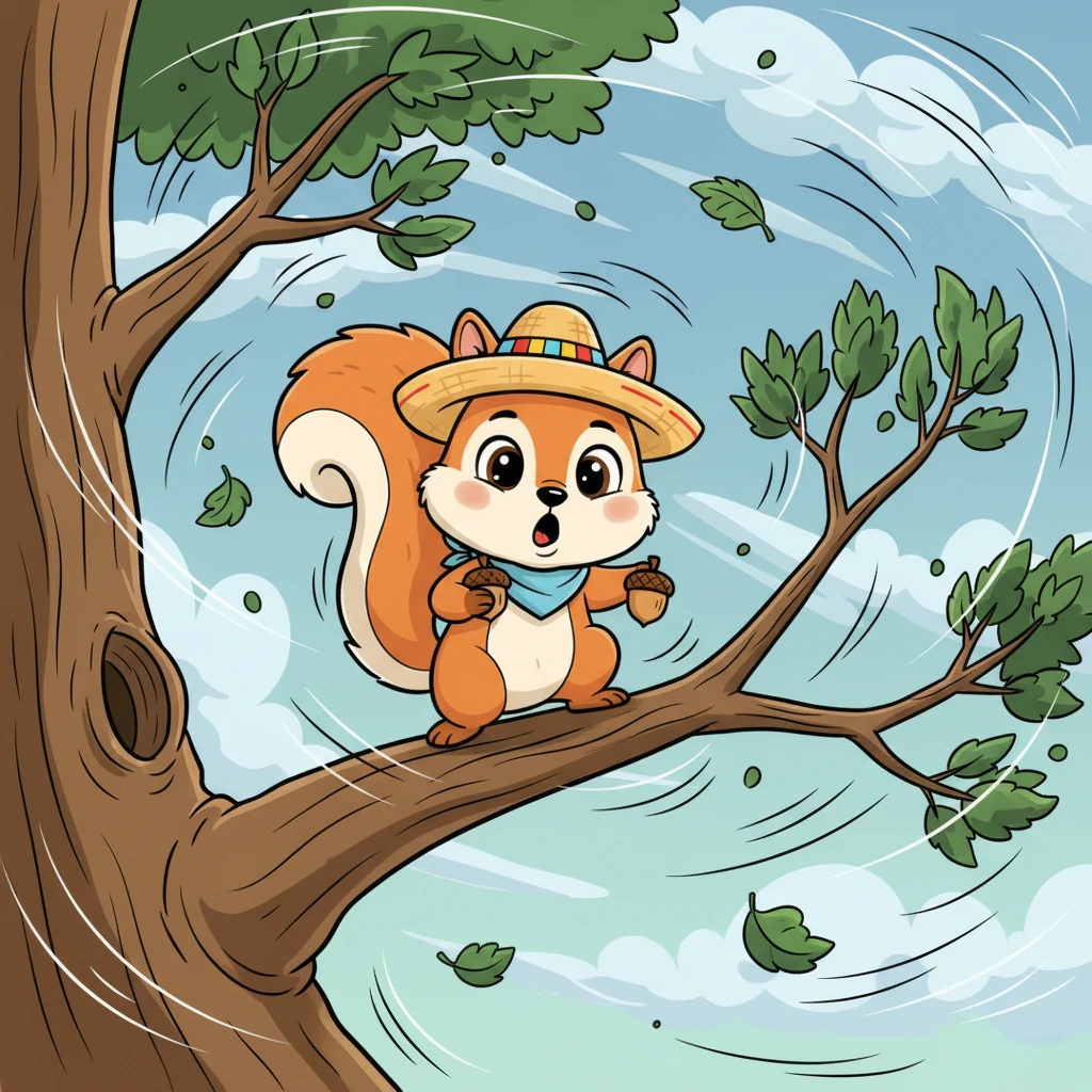 De repente, el viento aúlla, mucho más fuerte de lo habitual. Las ramas se mecen salvajemente y el tronco del árbol de Rumí tiembla con un profundo estruendo. Sus ojos se abren de golpe, sintiendo la urgencia de moverse.