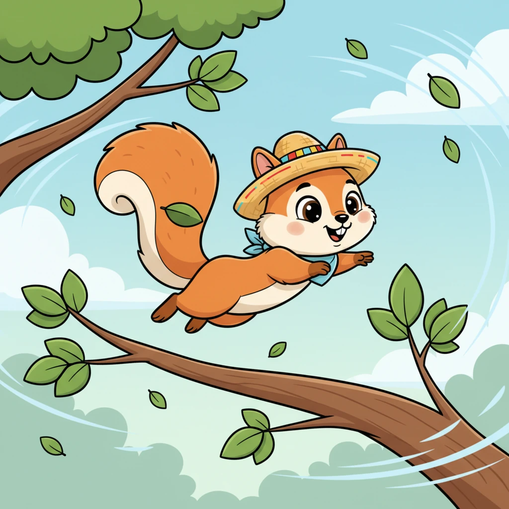 Rumí comienza a practicar sus movimientos, adaptándose a las ráfagas. Da saltos cortos y rápidos cuando el viento es feroz, luego se estira en largos y elegantes brincos cuando se calma. Su cuerpo ágil se mueve entre las ramas, cambiando de dirección para mantener el equilibrio.