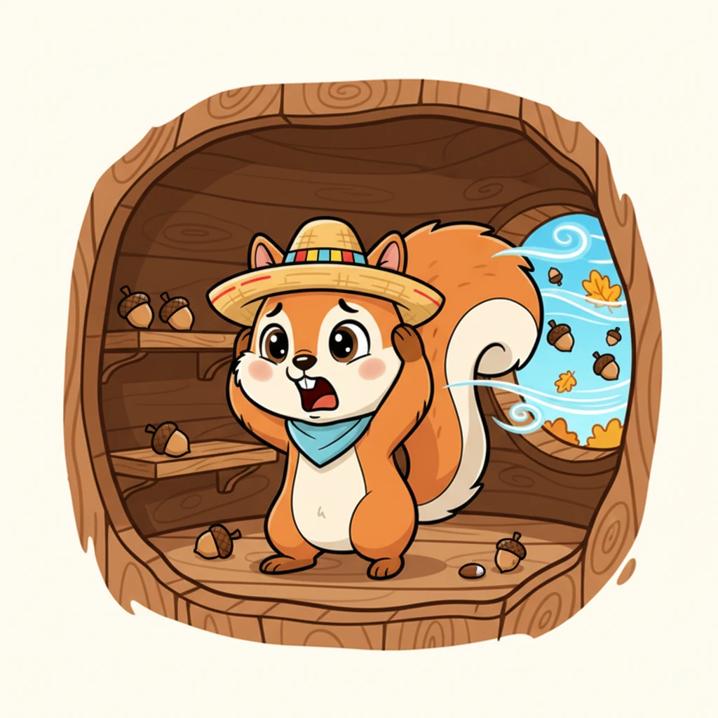 De vuelta en su escondite secreto, Rumí jadea con consternación. ¡Una nuez ha desaparecido, luego otra, y otra más! El potente viento ha dispersado su preciada colección, dejando su despensa casi vacía.