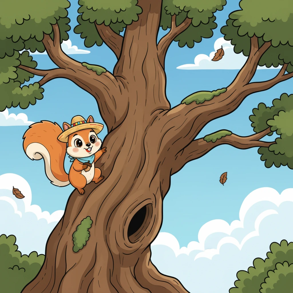 A continuación, Rumí examina las antiguas y gruesas ramas de un viejo roble. Estas robustas extremidades apenas se mueven con el viento, ofreciendo una promesa de estabilidad y protección. ¡Este podría ser un lugar perfecto!