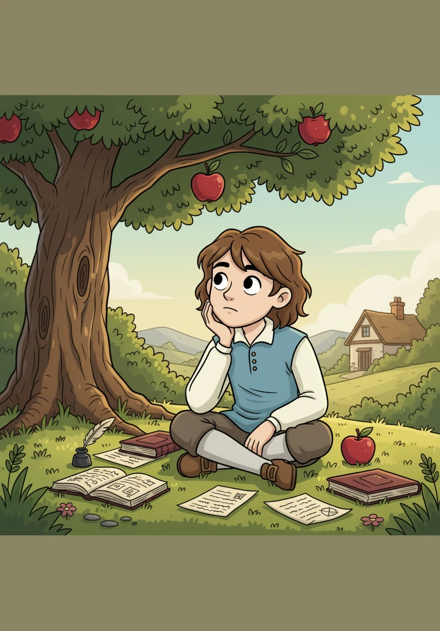 Young Isaac sits quietly beneath the sprawling branches of an ancient apple tree, his chin resting in his hand. He watches a single red apple dangle precariously, wondering why the world behaves exactly the way it does.