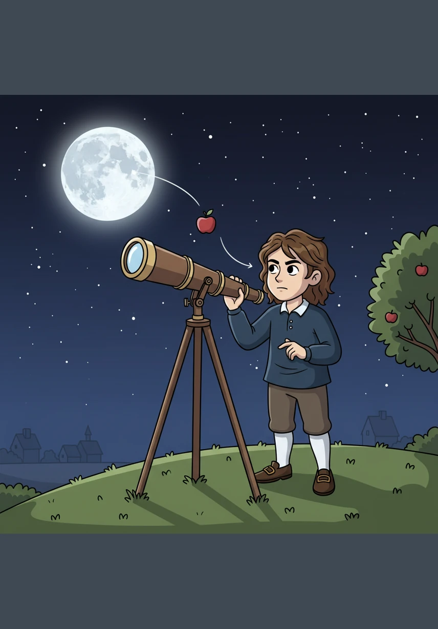 As night falls, Isaac looks through a primitive telescope at the glowing orb of the moon. He begins to suspect that the same force pulling things to the earth might also be reaching out into the deep velvet of space.