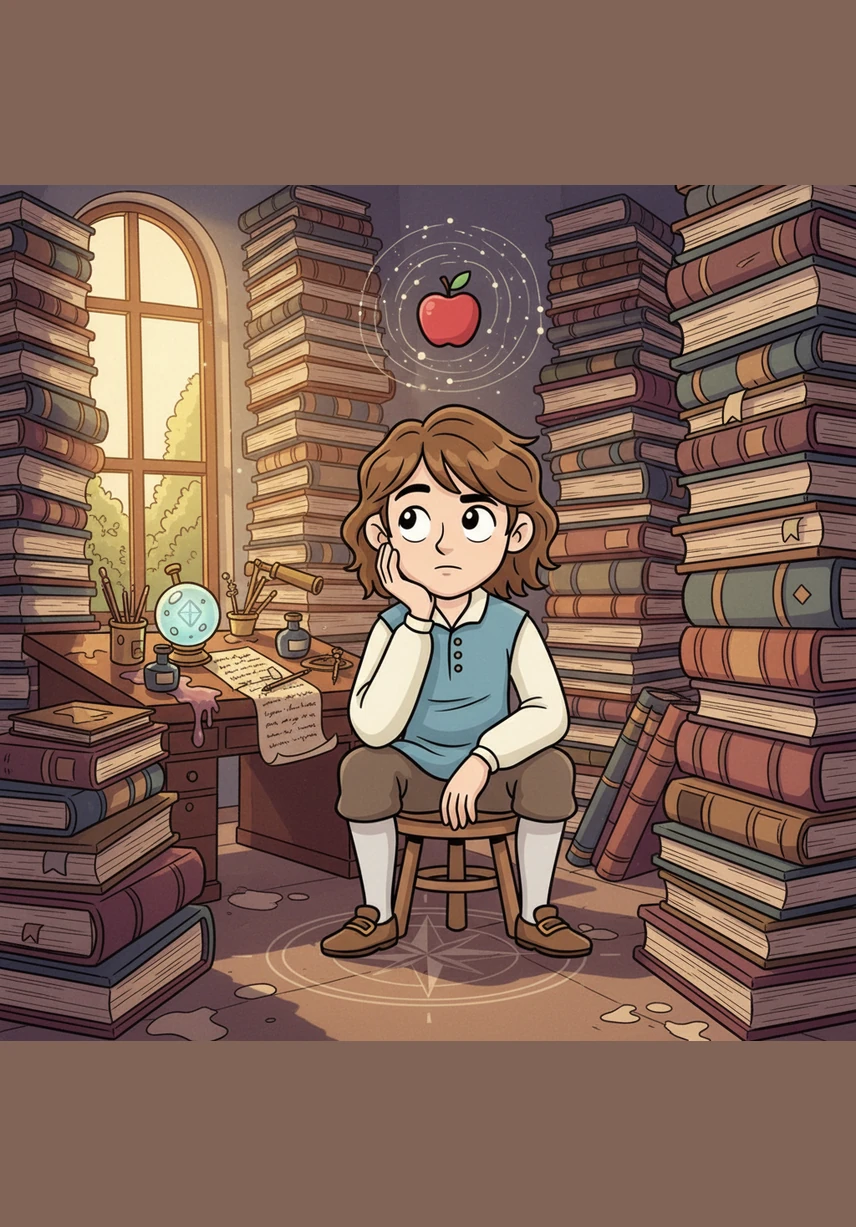 In a room filled with heavy books and flickering candles, Isaac scribbles feverishly on long scrolls of parchment. He draws circles and lines, trying to translate the movements of the physical world into the elegant language of mathematics.