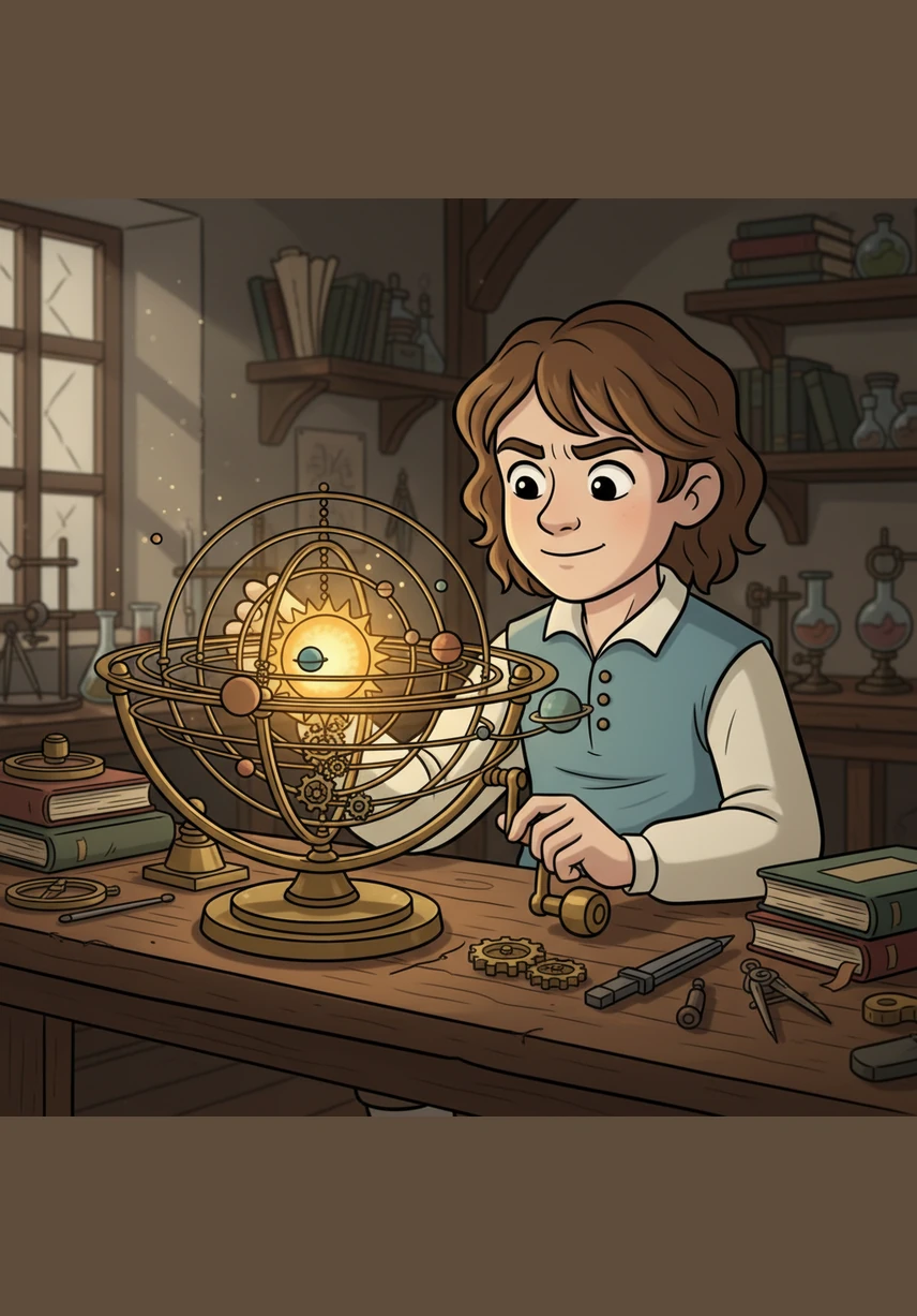 He constructs a beautiful brass model of the solar system, where tiny metal planets spin around a golden sun. With every turn of the handle, the planets move in perfect harmony, reflecting his belief that the universe is a masterfully crafted machine.