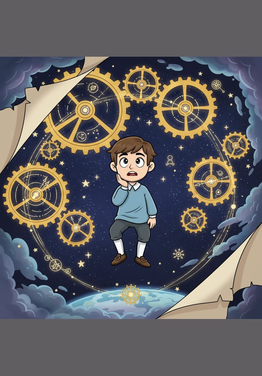 The scene shifts into a dreamlike vision where the clouds peel back to reveal giant, shimmering golden gears behind the stars. To Isaac, the entire cosmos functions like a grand clock, where every gear turns with absolute precision and purpose.