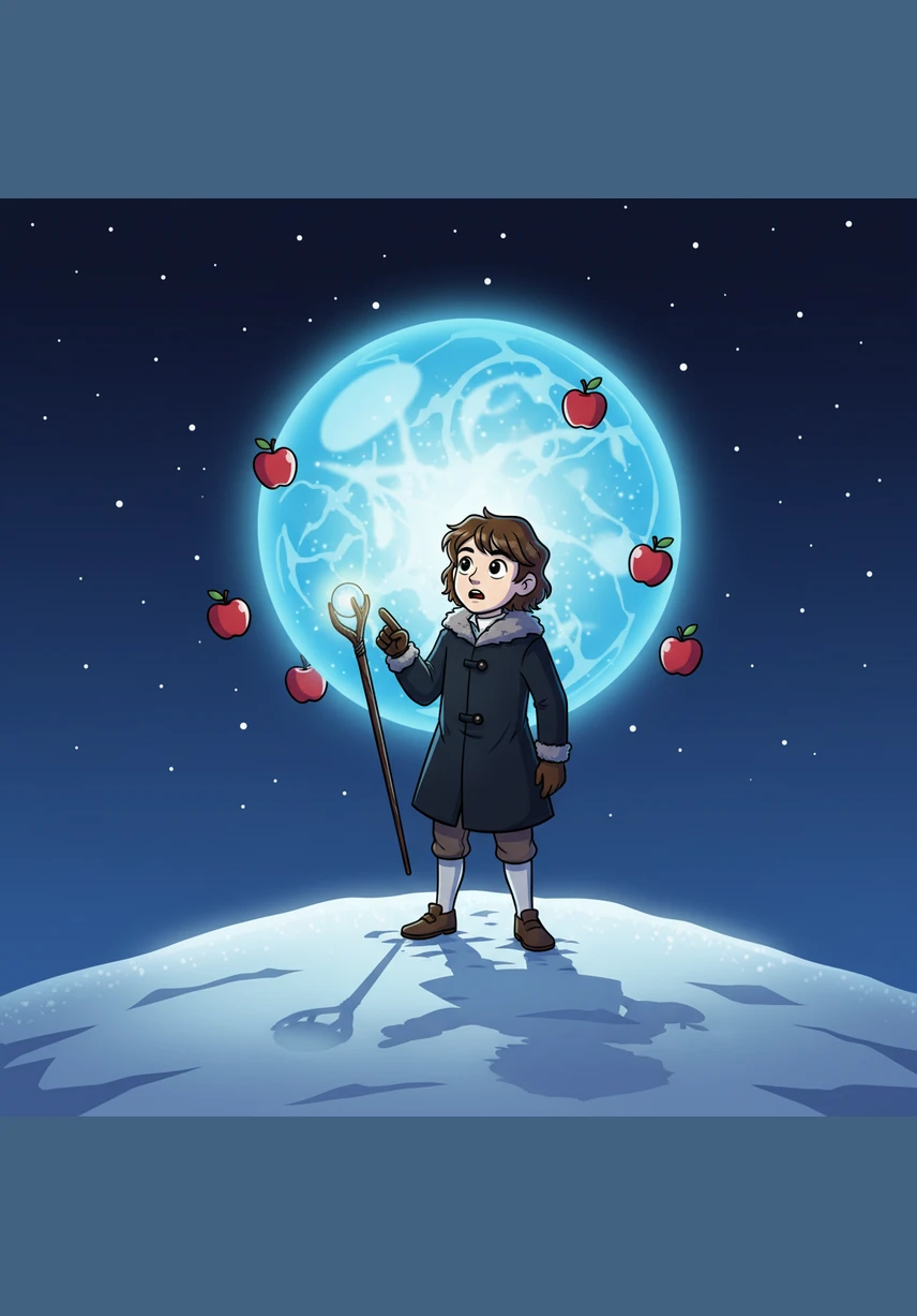 Isaac stands on a cold, snowy hill, tracking the path of a bright comet with his quill and ink. He calculates its trajectory with such accuracy that he can tell exactly where it will be in the sky many years into the future.