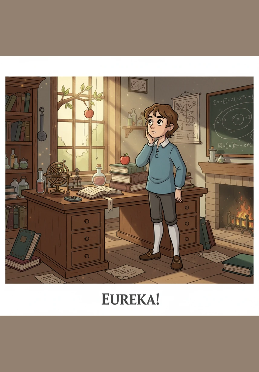 In his workshop, Isaac experiments with heavy iron weights and swinging pendulums, timing their rhythms with a steady heartbeat. He discovers that for every action in the universe, there is always an equal and opposite reaction waiting to happen.