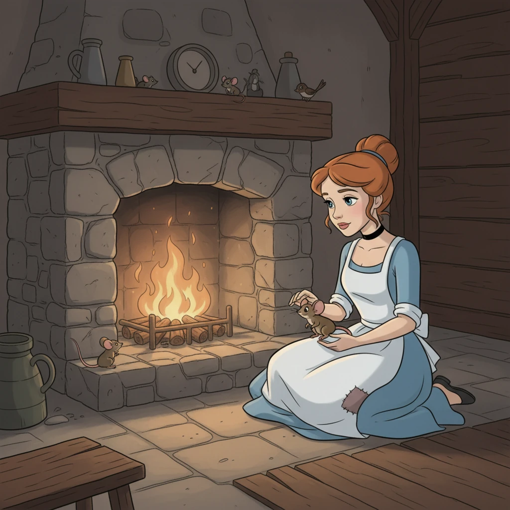Cinderella sat by the fireplace, her clothes patched and plain, gazing wistfully at the flickering flames. Her only friends were the little mice and birds who shared her humble home. She always treated them with gentle affection.