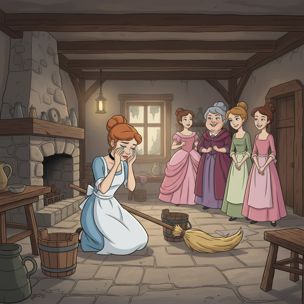 The stepsisters, adorned in their finest, cruel smiles on their faces, forbade Cinderella from attending the ball. They left for the palace, leaving Cinderella alone and heartbroken amidst the chores. Tears welled in her eyes.
