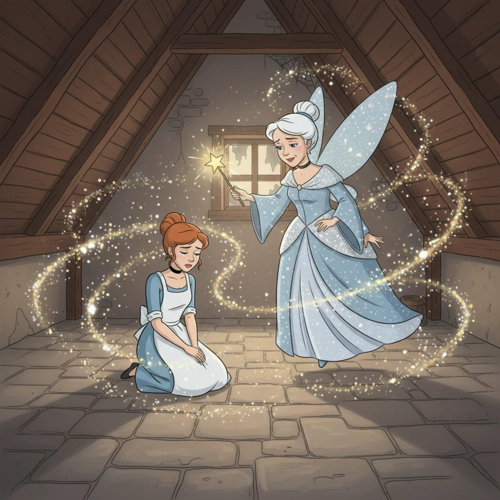 Just as despair began to settle, a shimmering light filled the room, and a kind Fairy Godmother appeared! With a wave of her wand, she promised to grant Cinderella's wish. Magic was in the air!