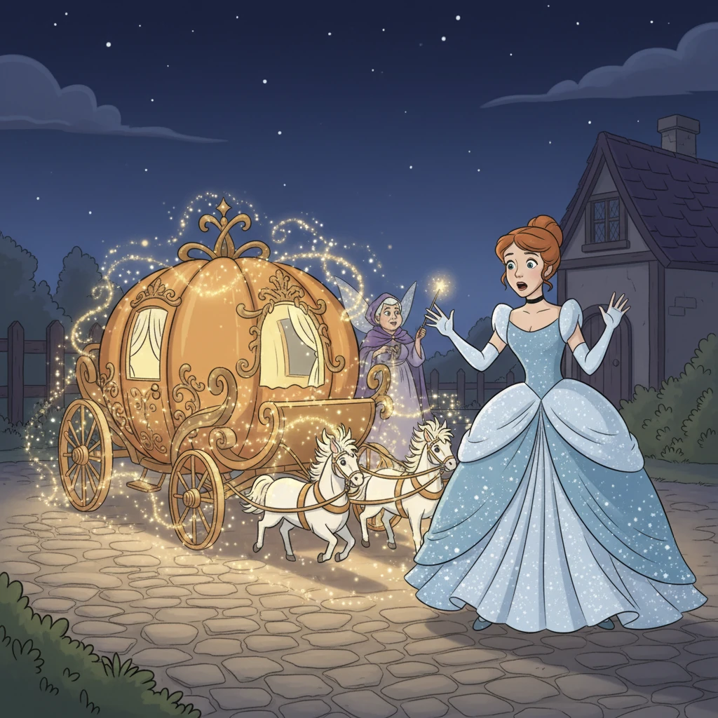 With a 'Bibbidi-Bobbidi-Boo!', the Fairy Godmother transformed a pumpkin into a splendid carriage, mice into horses, and rags into a breathtaking ball gown. Cinderella gasped, her eyes wide with wonder at her magical transformation.
