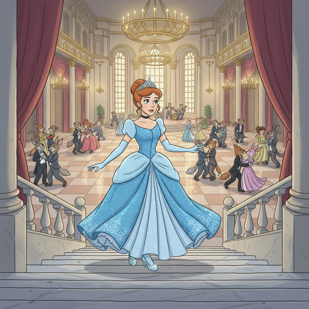 Cinderella, radiant in her sparkling gown and delicate glass slippers, arrived at the palace. The grand hall was filled with music and dancing. She felt like a true princess, ready for her magical night.