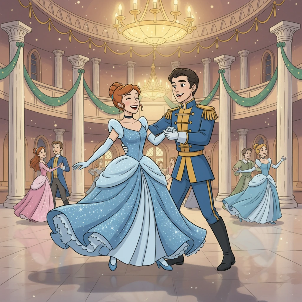 The Prince, captivated by Cinderella's beauty and grace, danced with her all evening. They laughed and twirled, completely lost in each other's company. It was a perfect, enchanting night.