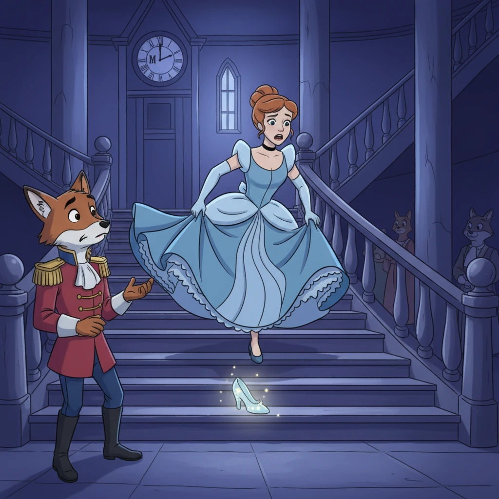 As the clock struck midnight, Cinderella remembered the Fairy Godmother's warning. She rushed from the palace, leaving behind one sparkling glass slipper on the grand staircase. The Prince looked on, puzzled but determined.