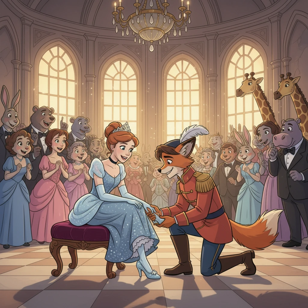 The next day, the Prince searched the kingdom for the foot that fit the glass slipper. When he found Cinderella, the slipper fit perfectly! They were reunited, and soon, they married and lived happily ever after, their love a testament to kindness and courage.