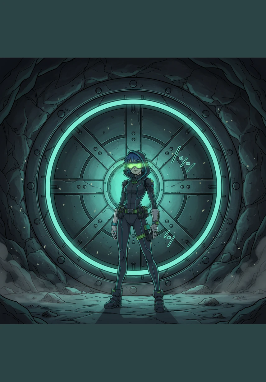 Usamaze stands before the massive, circular blast doors of the underground energy facility, his high-tech visor glowing in the dim light. The silence of the desert above is replaced by the low, ominous hum of a machine that should be dormant.
