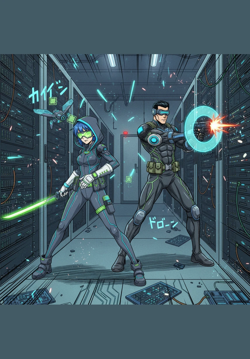 Hidden wall panels slide open to reveal sleek, automated defense turrets tracking Usamaze's thermal signature. He dives behind a titanium crate just as a hail of energy pulses scars the floor where he stood moments ago.