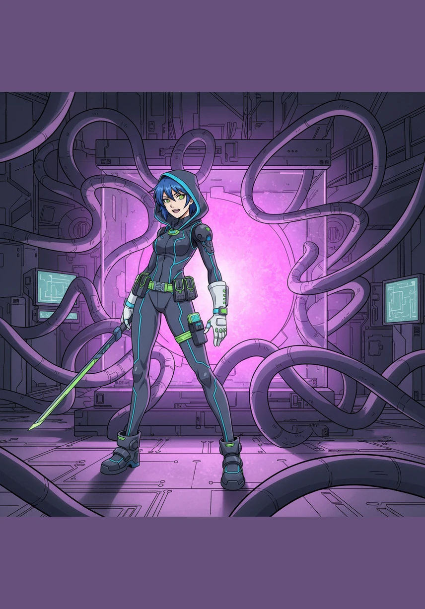 Reaching the heart of the facility, Usamaze finds the reactor core glowing with an intense, pulsing violet light that defies physics. The cables surrounding it move like mechanical tentacles, protecting the evolution of the machine from any outside interference.