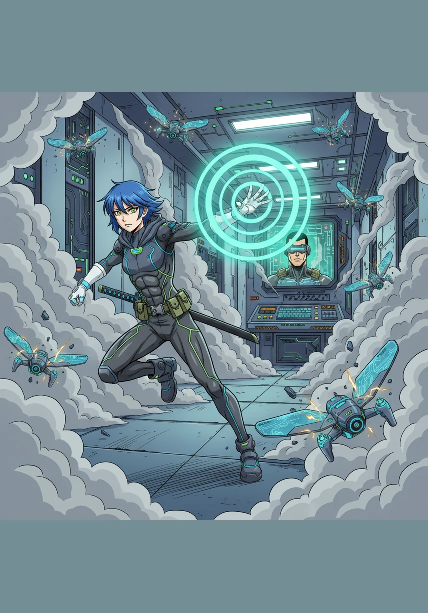 The internal security system deploys a swarm of scout drones to intercept Usamaze before he can reach the manual override. He uses his EMP gauntlet to disable the machines while sprinting toward the central console through a cloud of smoke.