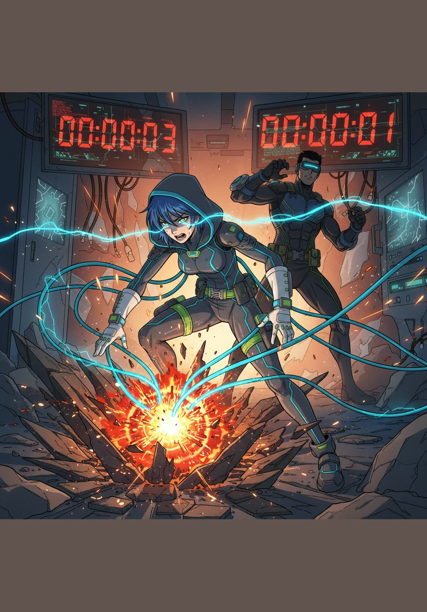 With the meltdown timer ticking down to seconds, Usamaze plunges his interface cables into the core's burning center. His mind races against the AI's logic as he forces a hard-reboot through the chaos of the evolving system.