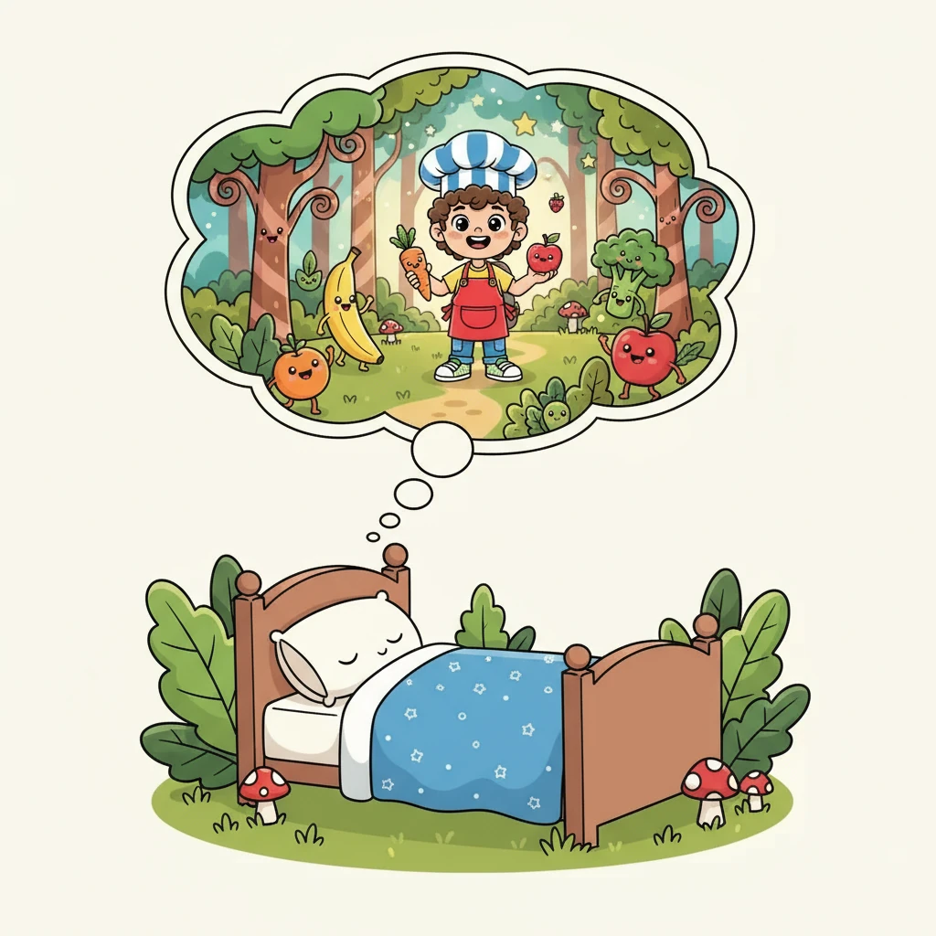 Pedrinho era um menino esperto, mas não gostava muito de comer. Seus pais estavam preocupados porque ele não ganhava peso e vivia cansado. Um dia, Pedrinho sonhou que era um explorador em uma floresta mágica, cheia de frutas e vegetais falantes.