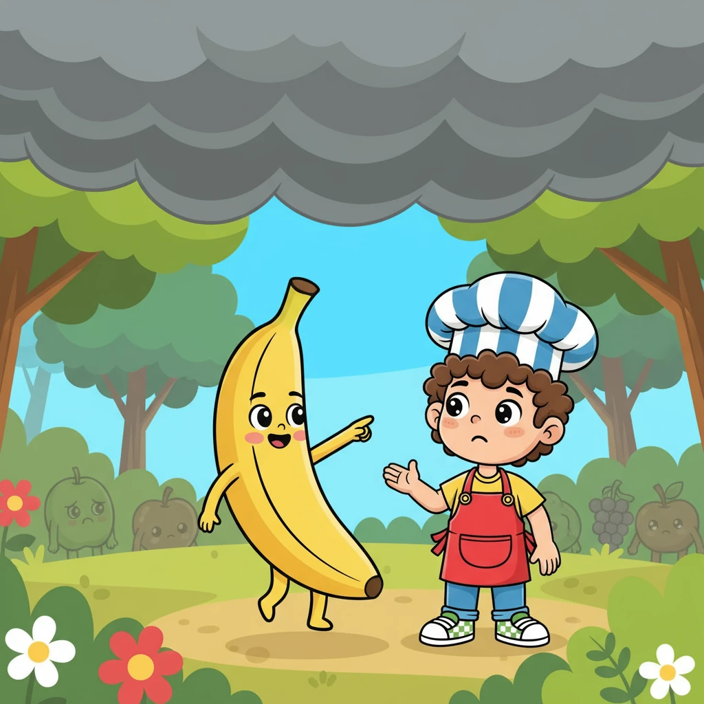 Na floresta, Pedrinho encontrou a Dona Banana, uma fruta amarela e sorridente. Ela explicou que a floresta precisava de ajuda, pois uma nuvem cinzenta estava roubando a alegria dos alimentos. Dona Banana convidou Pedrinho para uma aventura.