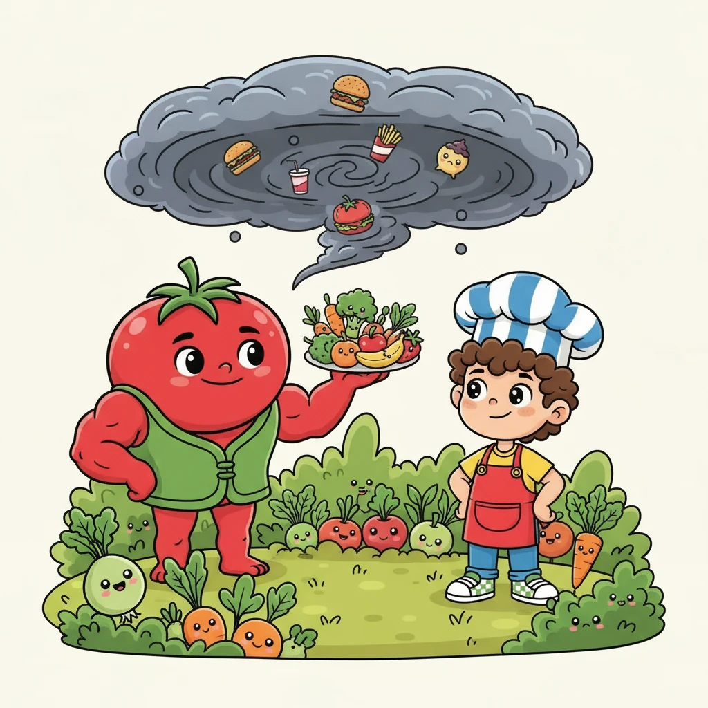 Juntos, eles encontraram o Senhor Tomate, um tomate vermelho e forte. Ele explicou que a nuvem cinzenta era feita de maus hábitos alimentares. Para combatê-la, Pedrinho precisava aprender a gostar de todos os tipos de comida, especialmente as que dão energia.