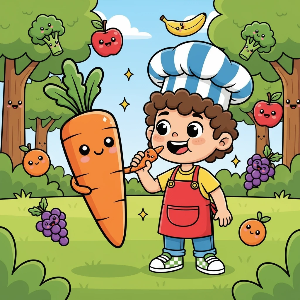 A aventura continuou com a Cenoura Feliz, uma amiga laranja e vibrante. Ela mostrou a Pedrinho como os alimentos saudáveis deixavam o corpo forte e cheio de energia para brincar e aprender. Pedrinho começou a provar cada vez mais alimentos.
