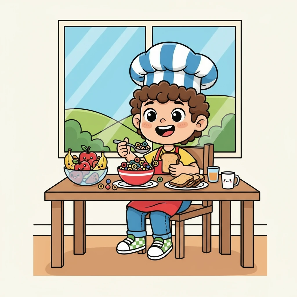Ao acordar, Pedrinho correu para a mesa do café da manhã, animado para experimentar a comida. Ele comeu frutas, cereais e pão integral, sentindo-se forte e feliz. Pedrinho aprendeu que uma alimentação equilibrada é o segredo para uma vida saudável e cheia de aventuras.