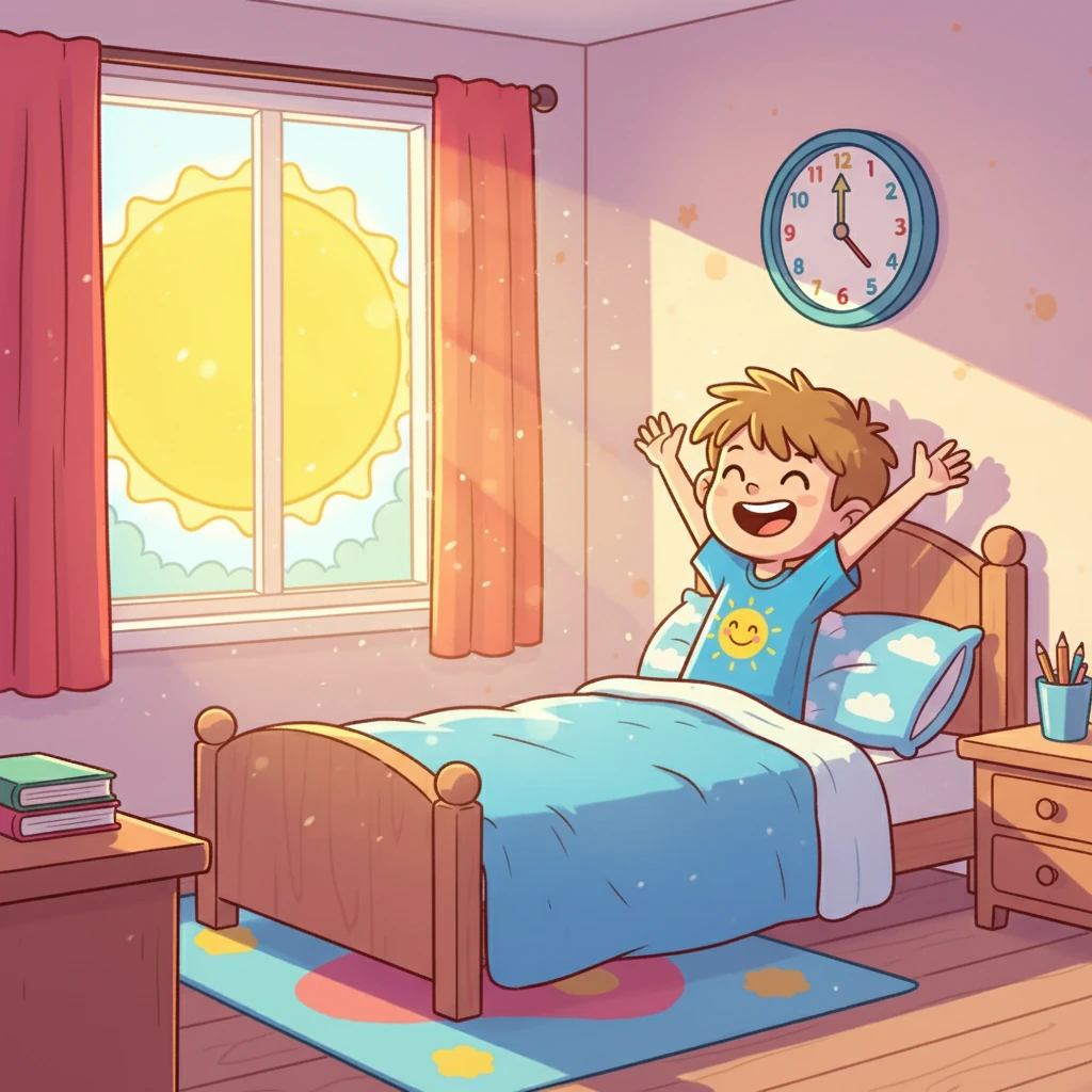 Théo se réveille. Le soleil, un gros ballon jaune, brille à travers sa fenêtre, illuminant sa chambre de couleurs vives. Il est huit heures du matin et c'est le moment de se préparer pour l'école. Théo est excité, plein d'énergie pour cette nouvelle journée.