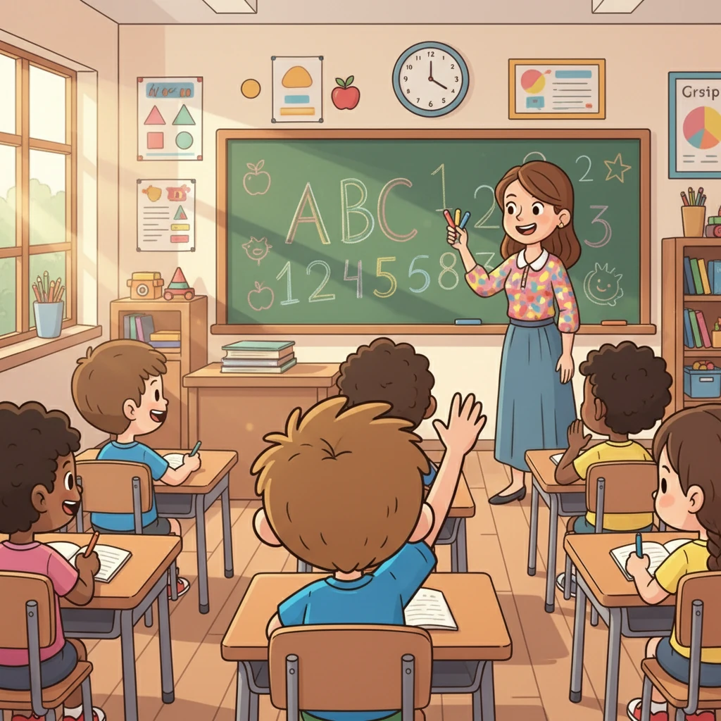 À neuf heures, Théo est en classe, entouré de ses amis. La maîtresse explique les lettres et les chiffres avec des craies de toutes les couleurs. Théo lève la main, impatient de répondre aux questions et d'apprendre de nouvelles choses.