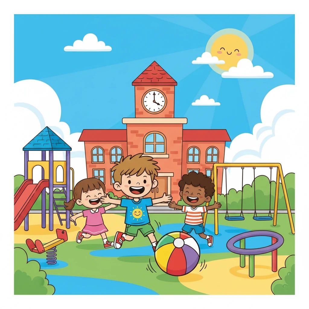 Dix heures : la récréation ! Théo et ses amis courent et jouent dans la cour de l'école. Leurs rires résonnent sous le ciel bleu, tandis qu'ils partagent des jeux et des secrets. Les couleurs vives des jeux se mélangent à l'enthousiasme des enfants.