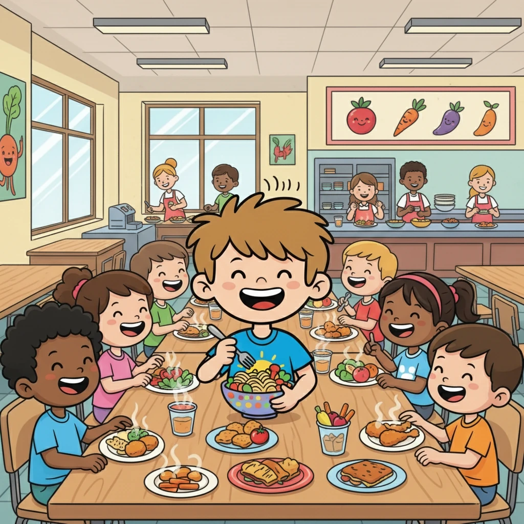 Midi : c'est l'heure du déjeuner. Théo savoure son repas avec ses camarades dans la cantine. Les plats colorés et appétissants remplissent les tables et les discussions animées remplissent l'air, créant une ambiance joyeuse.