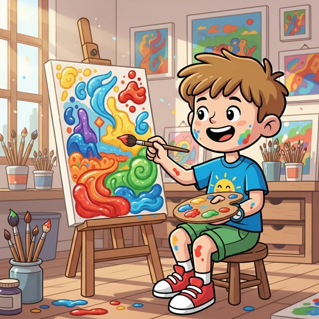 À quatorze heures, c'est l'heure des activités créatives. Théo peint un magnifique tableau avec des couleurs chatoyantes. Il utilise son imagination et son talent pour exprimer ses émotions sur la toile.