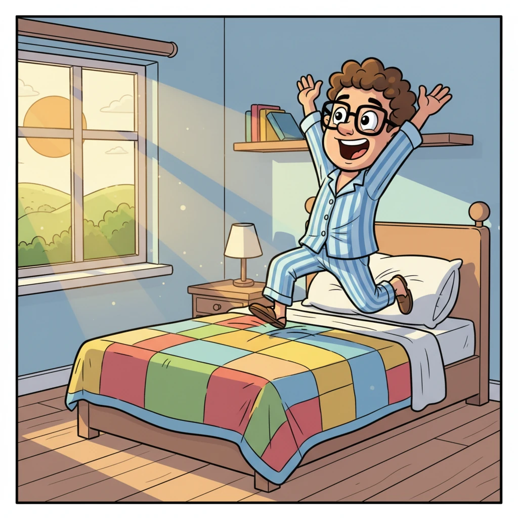 The sun peeks over the hills, casting a golden glow into Lukas's cozy bedroom. With a big stretch and a happy yawn, Lukas springs out of bed, his pajamas comically askew, and expertly smooths his colorful quilt, ready to start a brand new day.