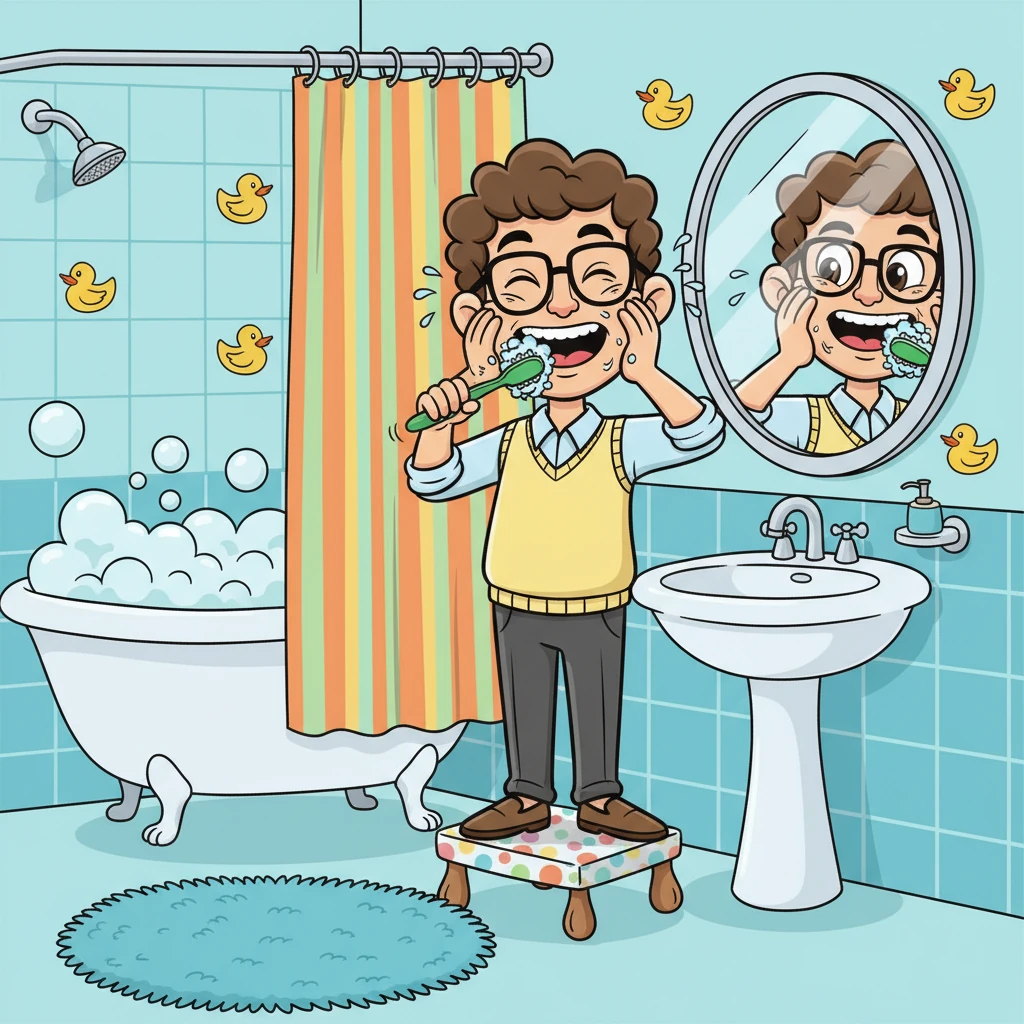 Next, Lukas zips into the bright, bubbly bathroom. He makes funny faces in the mirror while splashing cool water on his cheeks, then brushes his teeth with gusto, making sure every tooth sparkles with a foamy grin.