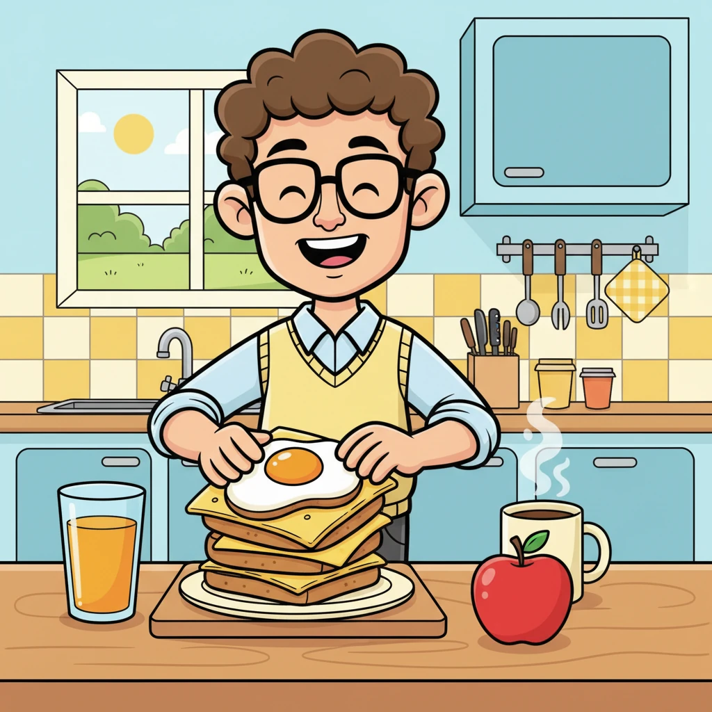 Down in his cheerful kitchen, Lukas prepares a yummy breakfast. He stacks fluffy bread with a slice of cheese and a perfectly fried egg, then sips his coffee, or sometimes a tall glass of orange juice, occasionally adding a shiny red apple for an extra crunch.