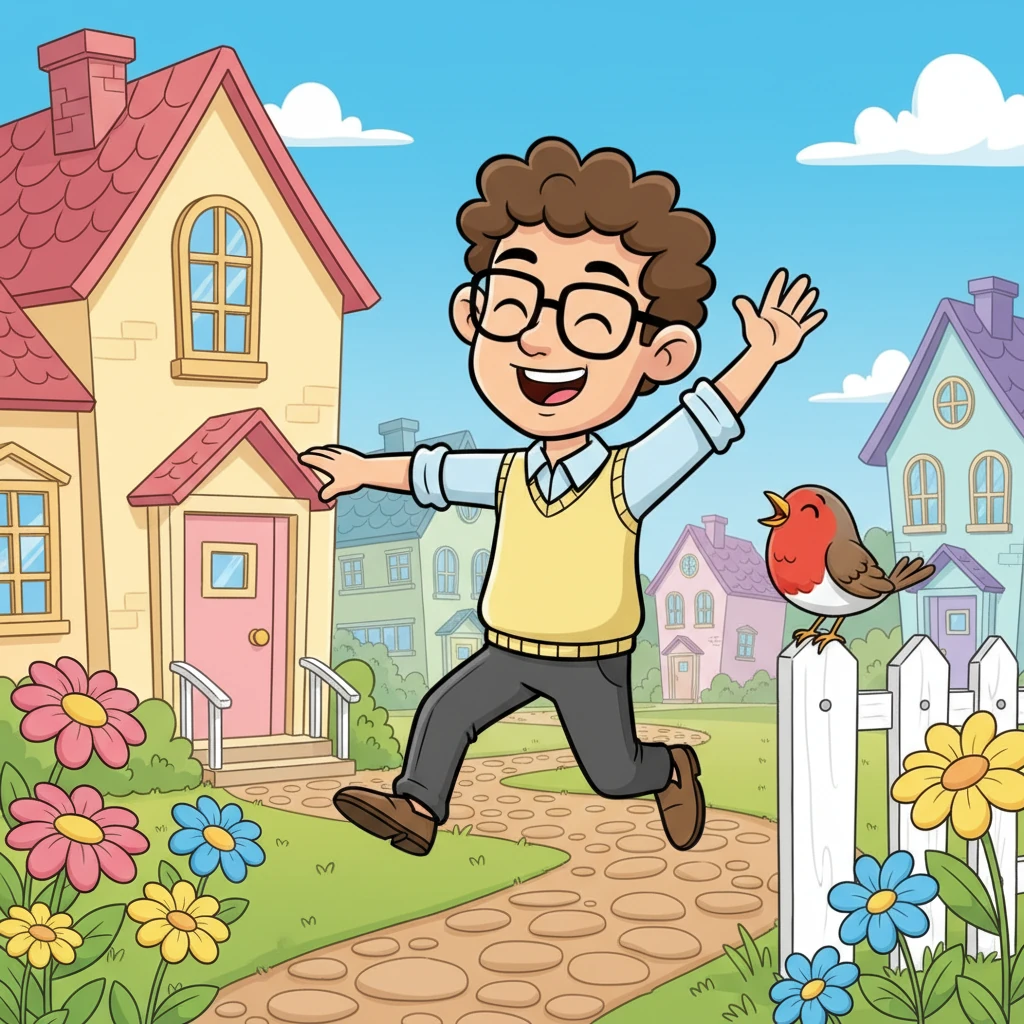 With a skip in his step, Lukas heads out the door, ready for his walk to the office. He waves to a friendly robin on a fence post and enjoys the fresh air, admiring the quaint houses and blooming flowers of his small town.