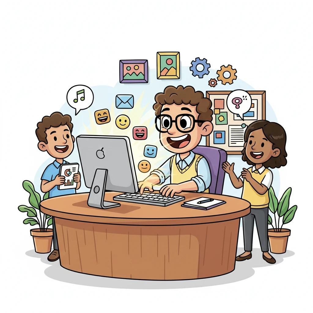 At his office desk, Lukas dives into his work with enthusiasm. His computer screen glows with bright colors as he types away, sending important emails and chatting cheerfully with his smiling colleagues about their exciting projects.