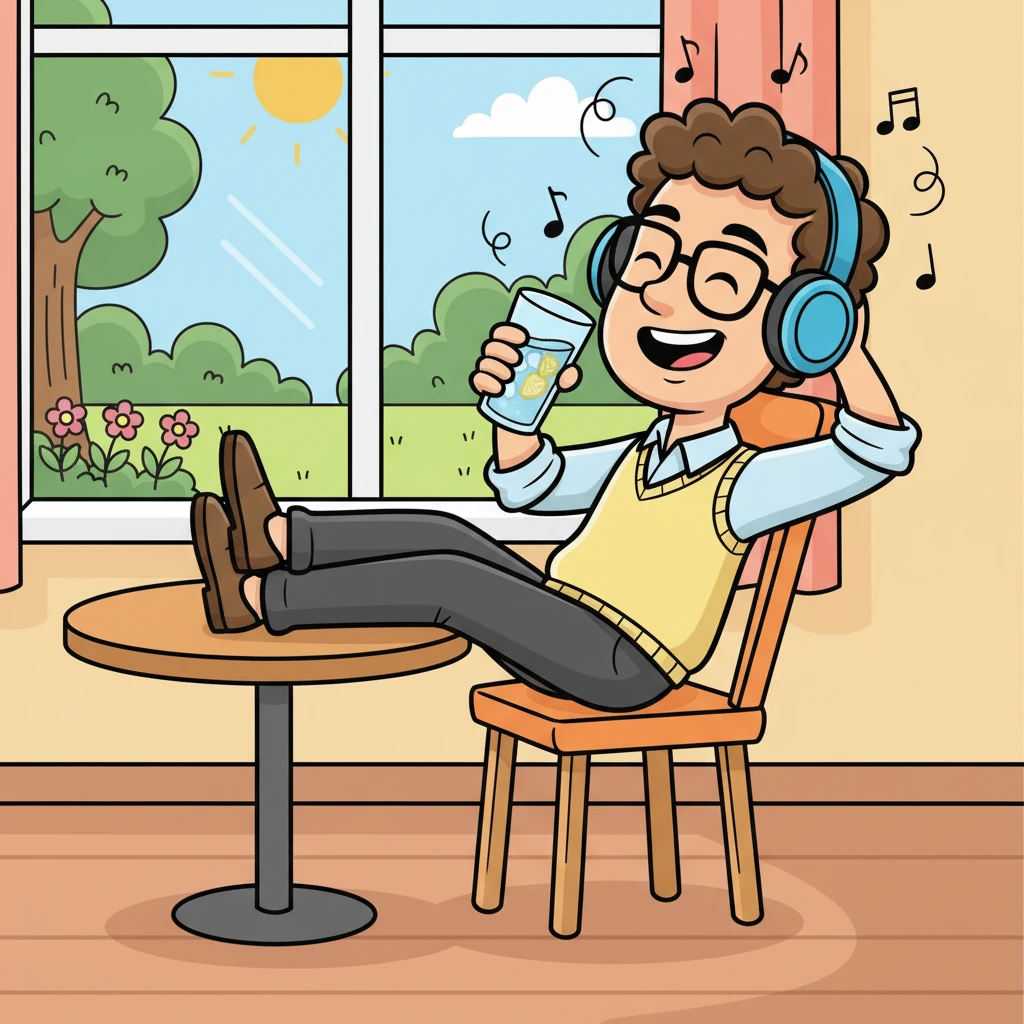 When 10 o'clock rolls around, Lukas takes a well-deserved short break. He leans back in his chair, sips from a tall glass of water, and pops on his headphones, letting happy music fill his ears and recharge his energy.