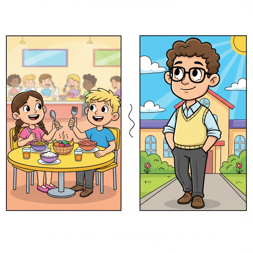 Lunchtime means a trip to the bustling canteen where Lukas enjoys a delicious plate of pasta or rice, happily chatting with friends. Afterwards, he takes a refreshing, short walk around the building, enjoying the fresh air and sunshine.