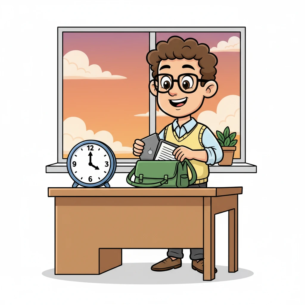 The afternoon flies by as Lukas continues his tasks, his fingers dancing across the keyboard. As the clock strikes 5 p.m., he packs up his bag with a contented smile, eager to head home and unwind after a productive day.