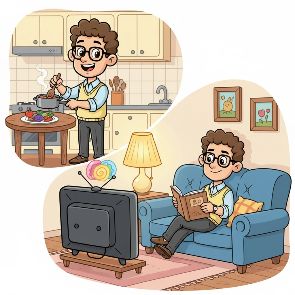 Back in his comfy apartment, a tired but happy Lukas whips up a simple, tasty dinner. He enjoys his meal, then settles onto his soft couch, either getting lost in a captivating book or watching a favorite show on TV.