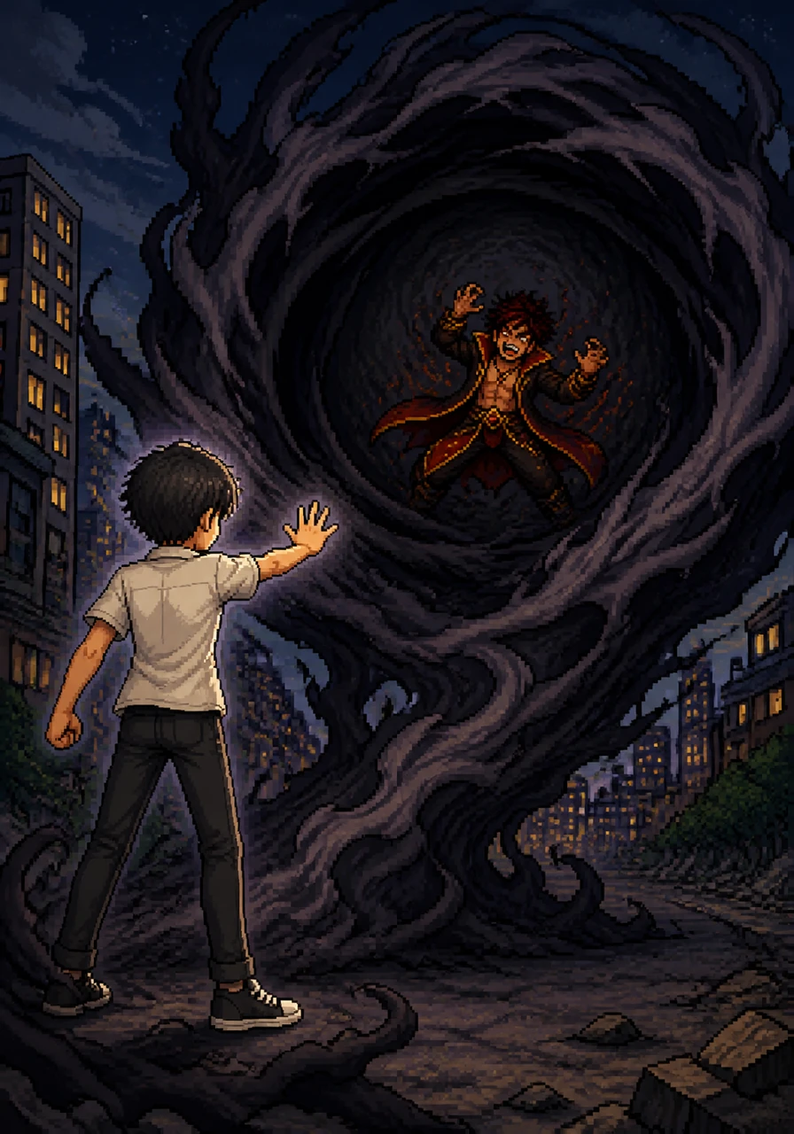 With a surge of focus, Arif commands the shadows to rise like a giant wall, swirling into a powerful vortex that traps Karo in a cooling dark circle. The intense flames are snuffed out by the swirling shadows, leaving the city safe and the villain defeated.