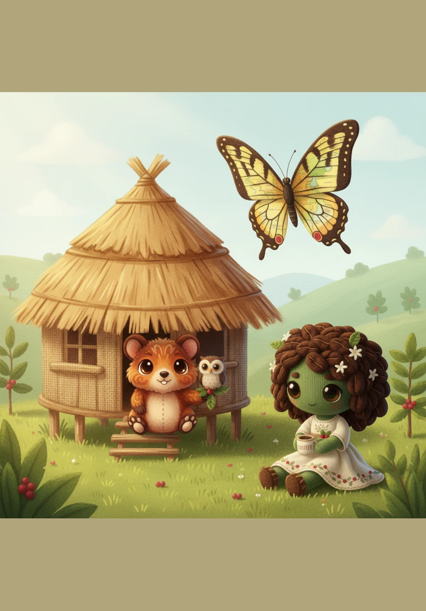 Homerus the Giant Swallowtail Butterfly, with wings as big as dinner plates, drifts down beside Bizzy the Bee. They land softly on Arabica’s fragrant white flowers to sip sweet nectar, tasting the sunshine stored inside the plant.