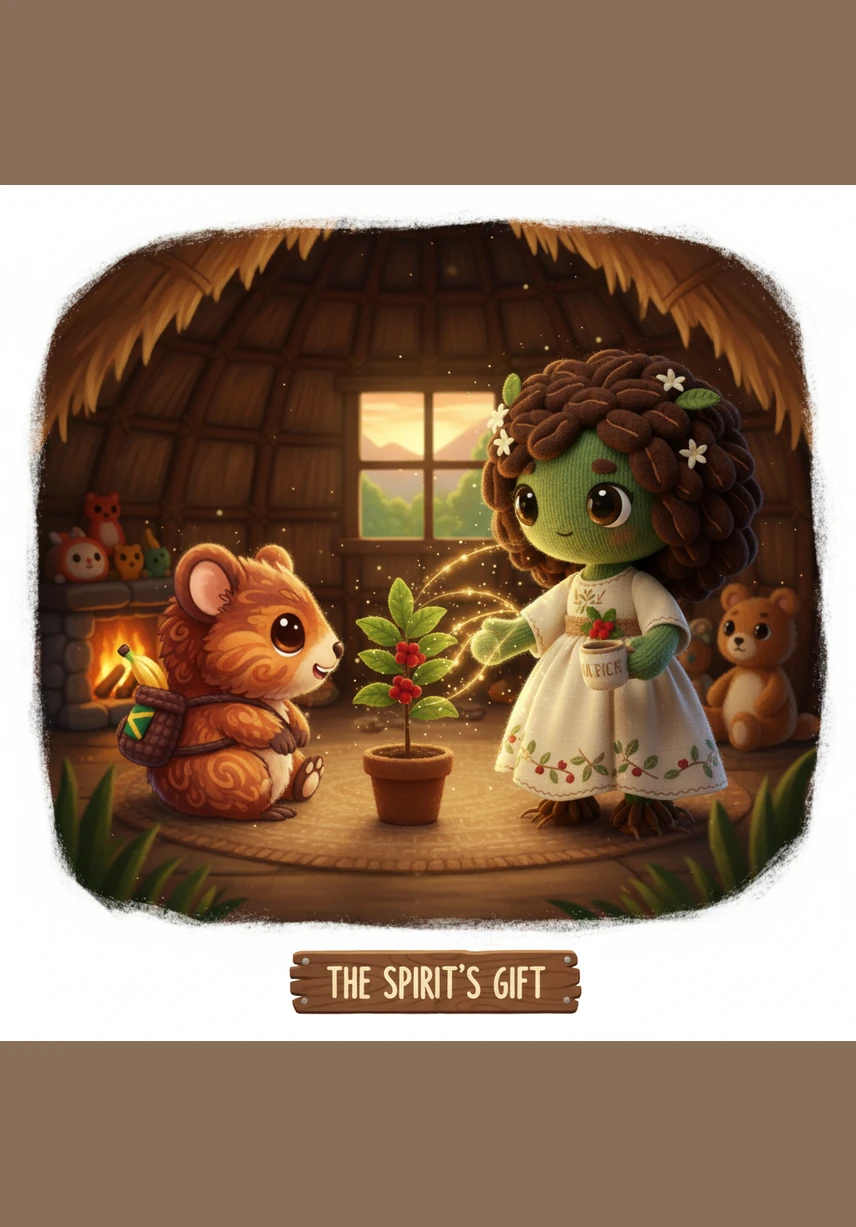 On a lower branch, Kicket the Grasshopper is busy munching on a thick, vibrant green leaf with a loud crunch. He is a plant eater, taking the energy Arabica made from the sun and storing it within his own small, jumping body.