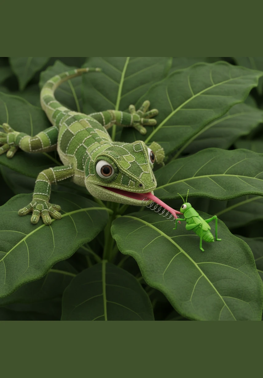 Zandoli the Anole Lizard stays perfectly still, his green skin blending seamlessly with the coffee leaves. With a lightning-fast dart, he catches Kicket the Grasshopper, showing how energy moves from those who eat plants to those who eat meat.