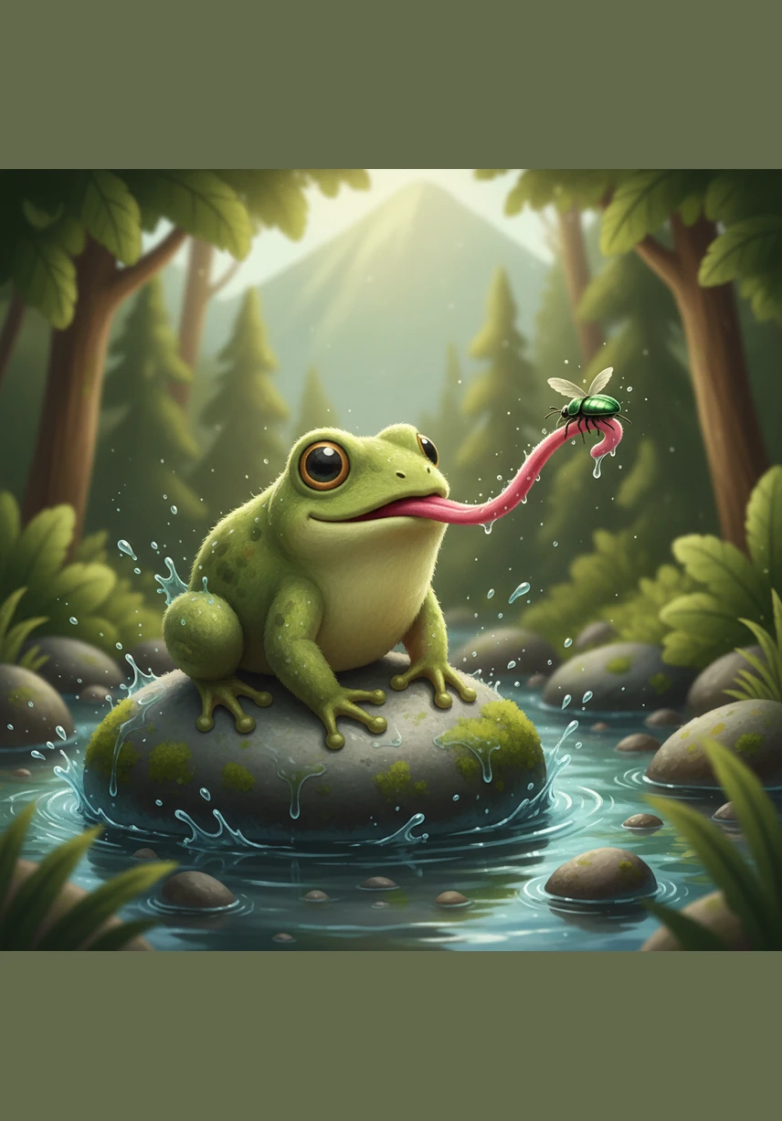 By a cool, splashing stream, Whistla the Frog sits patiently on a wet, mossy stone. In a blink, his long, sticky tongue snaps out to catch a passing beetle, helping to keep the mountain’s delicate balance in check.