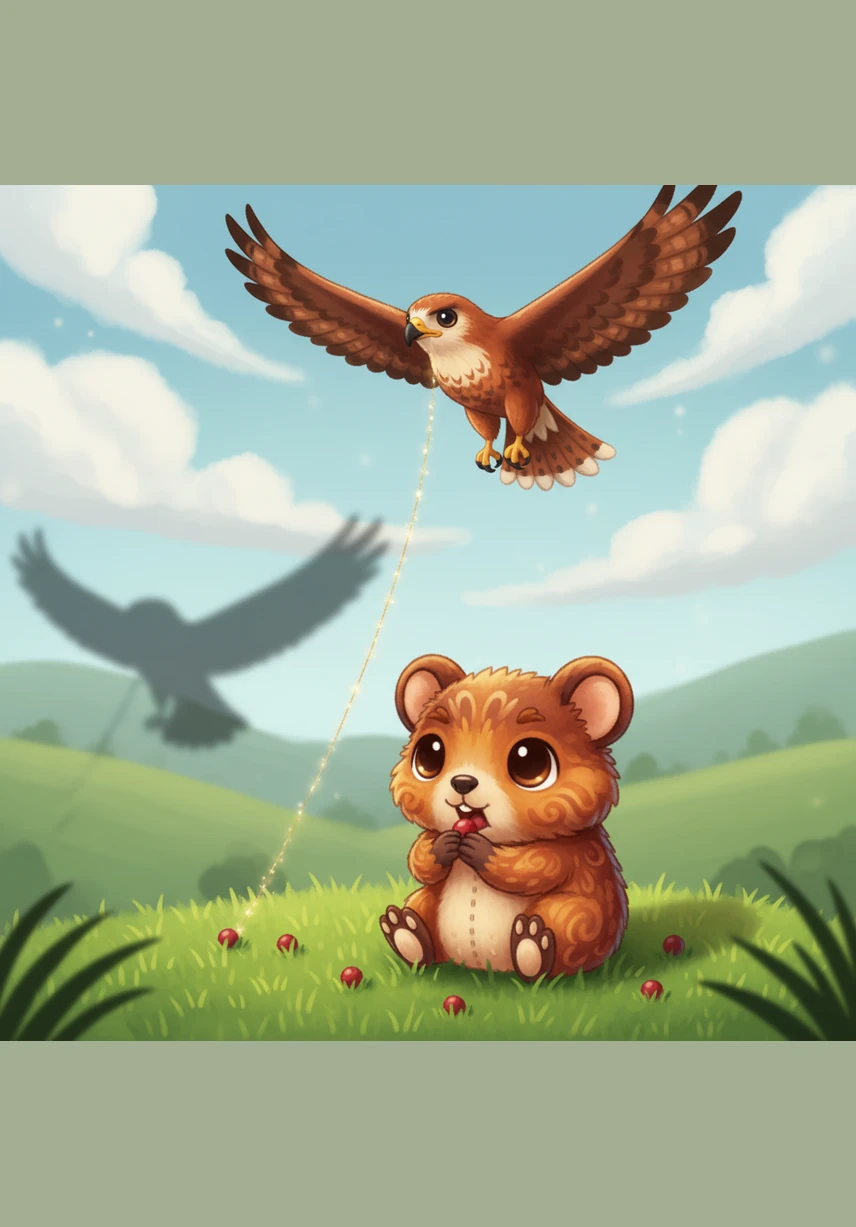 As Brownie nibbles on fallen berries, the shadow of Buteo the Red-tailed Hawk sweeps across the grass. High in the clouds, Buteo circles as the top hunter, representing the strongest link at the very peak of the golden thread.