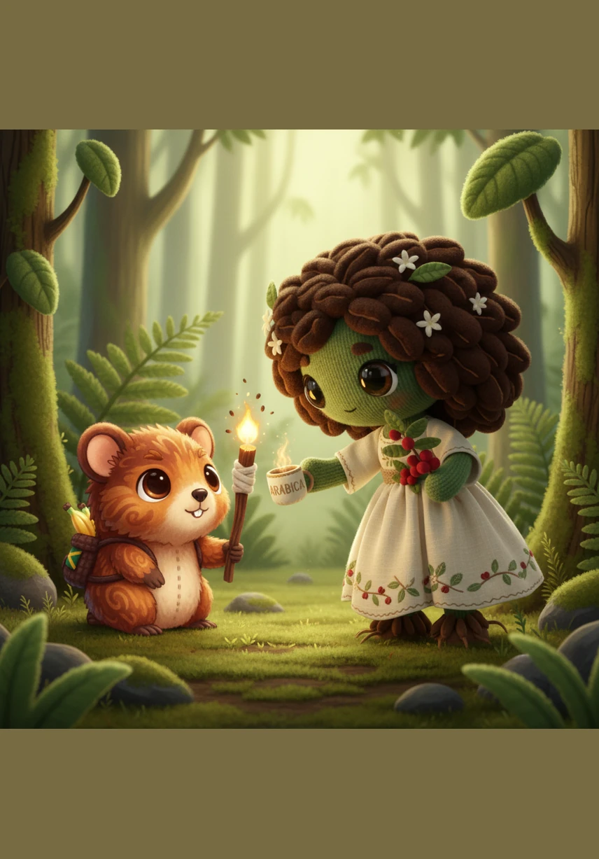 Brownie points his furry paw toward an old, decaying log covered in white, umbrella-shaped mushrooms. These decomposers break down old plants and animals, turning them back into rich, dark soil so that Arabica can grow once again.